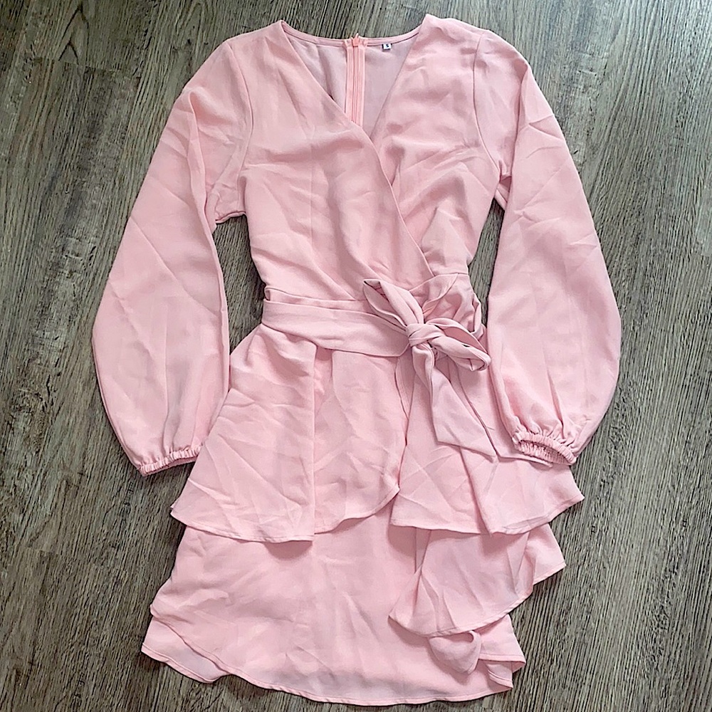 💕Amazon pink dress, v-neck dress, long sleeve, mini dress